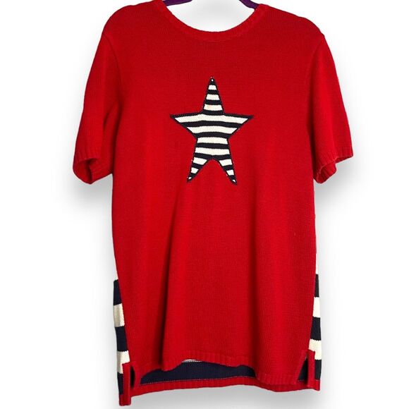 The Quacker Factory Tunic Sweater Women's M Red Patriotic Striped Knit VTG Star - Picture 1 of 10